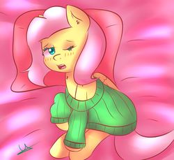 Size: 1200x1100 | Tagged: safe, artist:wolfy-pony, fluttershy, g4, blushing, female, sleepy, solo