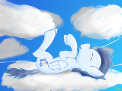 Size: 1280x960 | Tagged: safe, artist:regal masquerade, soarin', g4, backwards cutie mark, cloud, cloudy, eyes closed, legs in air, male, on back, solo