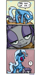 Size: 500x900 | Tagged: safe, artist:foudubulbe, maud pie, trixie, earth pony, pony, comic:damp rocks, g4, bent over, comic, female, lesbian, open mouth, question mark, scared, ship:mauxie, shipping, smiling, when she smiles, xk-class end-of-the-world scenario