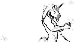 Size: 1024x576 | Tagged: safe, artist:bgn, oc, oc only, oc:nado, unicorn, anthro, chest hair, collar, male, muscles, solo