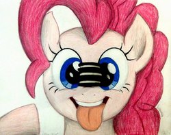 Size: 1007x793 | Tagged: safe, artist:thefriendlyelephant, pinkie pie, g4, female, object on drawing, oreo, silly face, smiling, solo, tongue out, traditional art