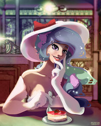 Size: 900x1125 | Tagged: safe, artist:monsieurwilliam, princess celestia, human, g4, beautiful, cake, cakelestia, clothes, evening gloves, female, gloves, hat, humanized, looking at you, solo