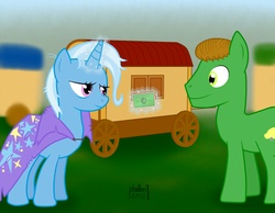 Size: 1152x893 | Tagged: safe, artist:phallen1, trixie, g4, credit card, wagon