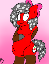 Size: 700x900 | Tagged: safe, artist:thecherrysodaaskblog, oc, oc only, oc:cherry soda, earth pony, semi-anthro, arm hooves, belly, bipedal, breasts, chubby, gradient background, hair bow, looking at you, smiling, style emulation, wide eyes, wide hips