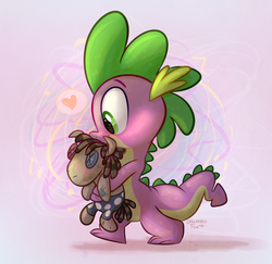 Size: 1137x1105 | Tagged: safe, artist:thedoggygal, smarty pants, spike, dragon, g4, baby, baby dragon, carrying, cute, doll, green eyes, heart, hug, male, signature, smiling, solo, spikabetes, toy, wingless spike