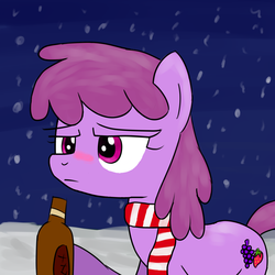 Size: 2000x2000 | Tagged: safe, artist:longsummer, berry punch, berryshine, earth pony, pony, g4, alcohol, background pony, blushing, bottle, clothes, drink, drinking, drunk, drunky punch, female, high res, mare, scarf, snow, snowfall, solo, winter