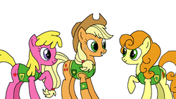 Size: 1024x577 | Tagged: safe, artist:jsjosh, applejack, carrot top, cherry berry, golden harvest, earth pony, pony, g4, background pony, black outlines, female, mare, plant team, raised hoof, simple background, trio, vexel, white background, winter wrap up vest