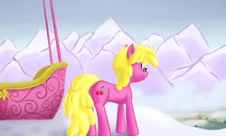 Size: 1153x692 | Tagged: safe, artist:srk-ares, cherry berry, earth pony, pony, g4, butt, cherryplot, female, hot air balloon, looking down, mountain, plot, ponyville, solo, twinkling balloon