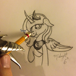 Size: 1000x1000 | Tagged: safe, artist:midnightsix3, princess luna, lunadoodle, g4, :t, boop, curved horn, female, floppy ears, hand, horn, interaction, monochrome, nose wrinkle, pencil, pencil drawing, raised hoof, scrunchy face, solo, traditional art, wide eyes