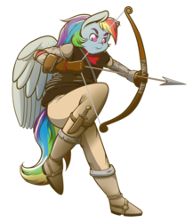 Size: 1206x1391 | Tagged: safe, artist:thepiplup, rainbow dash, pegasus, anthro, g4, archer dash, arrow, bow (weapon), bow and arrow, simple background, solo, transparent background