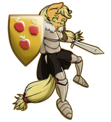 Size: 1509x1652 | Tagged: safe, artist:thepiplup, applejack, earth pony, anthro, g4, armor, shield, simple background, solo, sword, transparent background