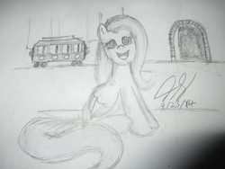 Size: 4608x3456 | Tagged: safe, artist:thegreatmewtwo, fluttershy, g4, crossover, female, mister rogers, mister rogers' neighborhood, monochrome, solo, traditional art, trolley