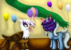 Size: 2256x1588 | Tagged: safe, artist:king-sombrero, gilda, trixie, griffon, g4, balloon, cake, glowing horn, happy birthday, horn