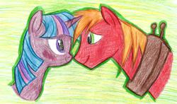 Size: 1487x876 | Tagged: safe, artist:krazykari, big macintosh, twilight sparkle, earth pony, pony, g4, male, ship:twimac, shipping, stallion, straight, traditional art