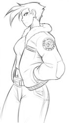 Size: 721x1280 | Tagged: safe, artist:0r0ch1, gilda, human, g4, /co/, artifact, belly button, belly piercing, bellyring, bomber jacket, female, humanized, midriff, monochrome, piercing, sketch, solo