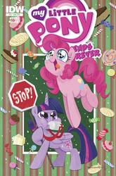 Size: 988x1500 | Tagged: safe, artist:brendahickey, idw, pinkie pie, twilight sparkle, alicorn, earth pony, pony, friends forever, g4, spoiler:comic, spoiler:comicff12, spoiler:ff12, baked goods, blowing, candy, chubby cheeks, cover, eyes on the prize, female, food, frown, glare, hoof hold, lollipop, looking up, mare, no fun allowed, open mouth, pronking, puffy cheeks, smiling, stop sign, tongue out, twilight sparkle (alicorn), whistle, wingding eyes