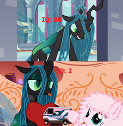 Size: 1274x1304 | Tagged: safe, queen chrysalis, oc, oc:fluffle puff, g4, comparison, insult