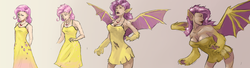 Size: 5829x1591 | Tagged: safe, artist:veggietoss, fluttershy, human, g4, bat wings, bra strap, breast expansion, breasts, clothes, digital art, disappearing accesory, disappearing clothes, dress, eared humanization, female, flutterbat, humanized, light skin, pink hair, red eyes, ripped dress, ripping clothes, solo, standing, transformation, transforming clothes, winged humanization, wings