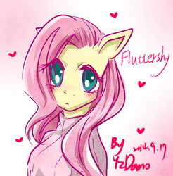 Size: 591x600 | Tagged: safe, artist:yzdano, fluttershy, anthro, g4, clothes, female, looking at you, solo, sweatershy