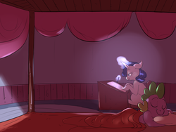 Size: 1280x960 | Tagged: safe, artist:imsokyo, rarity, spike, dragon, pony, unicorn, daily life of spike, daily sleeping spike, g4, bed, duo, eyes closed, female, magic, male, mare, sleeping, tumblr, writing