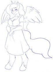 Size: 939x1280 | Tagged: safe, artist:skidd, princess luna, anthro, g4, clothes, female, lineart, monochrome, solo