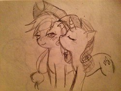 Size: 900x675 | Tagged: safe, artist:ameobia, applejack, rarity, g4, female, lesbian, licking, ship:rarijack, shipping, sketch, tongue out, traditional art
