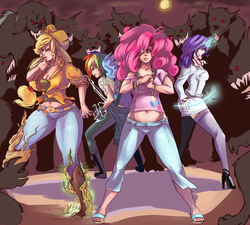 Size: 2500x2250 | Tagged: safe, artist:sundown, applejack, pinkie pie, rainbow dash, rarity, diamond dog, human, g4, action pose, applebucking thighs, belly button, clothes, curvy, earth pony magic, female, fight, high heels, high res, horn, horned humanization, humanized, magic, midriff, muffin top, winged humanization