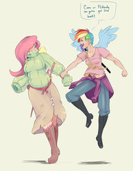 Size: 1939x2500 | Tagged: safe, artist:sundown, fluttershy, rainbow dash, human, g4, trade ya!, blushing, boots, breasts, busty fluttershy, clothes, female, flying, holding hands, humanized, katana, midriff, open mouth, simple background, smiling, sweatershy, sword, weapon, white background, winged humanization