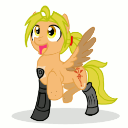 Size: 640x640 | Tagged: safe, artist:fmayang, pony, animated, automail, crossover, edward elric, eyes closed, fullmetal alchemist, grin, happy, hoofy-kicks, ponified, prancing, prosthetics, smiling, solo, spread wings, squee, stomping