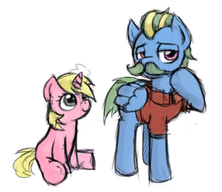 Size: 650x564 | Tagged: dead source, safe, artist:fore-trekker, artist:foreling, oc, oc only, oc:flare, oc:serenity (fallout equestria: heroes), pegasus, pony, unicorn, fallout equestria, fallout equestria: heroes, clothes, duo, female, filly, foal, folded wings, glowing, glowing horn, horn, male, moustache, pegasus oc, raised hoof, simple background, sitting, smiling, stallion, unicorn oc, white background, wings