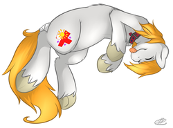 Size: 1095x810 | Tagged: safe, artist:meggchan, oc, oc only, pony, collar, eyes closed, solo, tail wrap, tongue out