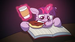 Size: 1920x1080 | Tagged: safe, artist:tranquilmind, twilight sparkle, pony, unicorn, g4, biting, book, coffee, donut, female, magic, messy mane, solo, study, studying, tired