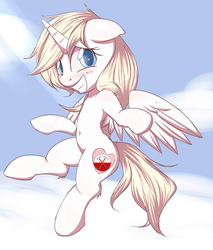 Size: 895x1050 | Tagged: safe, artist:randy, edit, oc, oc only, oc:aryanne, alicorn, pony, belly button, blonde, blushing, chest fluff, classic rock ponies, cloud, cloudy, ear fluff, female, hammers, heart, heaven, horn, implied hammers, pink floyd, princess, princess aryanne, shy, solo, sunlight, the wall, wings