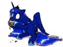 Size: 2854x2118 | Tagged: safe, artist:sketchywolf-13, princess luna, alicorn, pony, g4, burger, eating, female, food, hamburger, high res, ponies eating meat, sitting, solo, spread wings, traditional art, wide eyes
