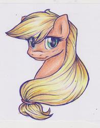 Size: 752x960 | Tagged: safe, artist:xxxsaphire123xxx, applejack, g4, female, hatless, looking at you, missing accessory, portrait, solo, traditional art