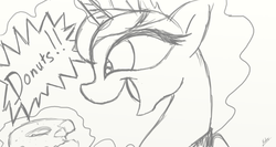 Size: 1366x728 | Tagged: safe, artist:xxmarkingxx, princess luna, g4, donut, female, magic, monochrome, open mouth, sketch, smiling, solo, telekinesis