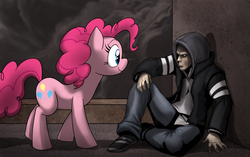 Size: 1678x1057 | Tagged: safe, artist:mickeymonster, pinkie pie, human, g4, [prototype], alex mercer, crossover, frown, glare, sitting, smiling, this will end in tears and/or death