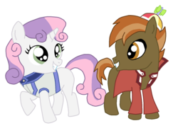 Size: 1280x960 | Tagged: safe, artist:blondenobody, button mash, sweetie belle, earth pony, unicorn, g4, clothes, colt, crossover, duo, duo male and female, female, filly, foal, hat, horn, looking at each other, looking at someone, male, propeller hat, simple background, voice actor joke, yu-gi-oh!, yu-gi-oh! gx