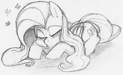 Size: 1264x766 | Tagged: safe, artist:dotkwa, fluttershy, g4, female, grayscale, monochrome, sleeping, solo