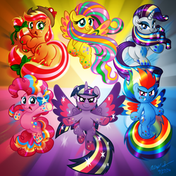 Size: 2000x2000 | Tagged: safe, artist:aleximusprime, applejack, fluttershy, pinkie pie, rainbow dash, rarity, twilight sparkle, alicorn, pony, g4, female, high res, mane six, mare, rainbow power, twilight sparkle (alicorn)