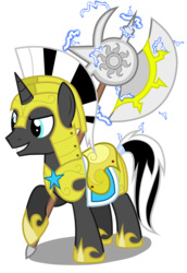 Size: 3235x4715 | Tagged: safe, artist:junkiesnewb, oc, oc only, oc:nox arcana, pony, unicorn, armor, axe, electricity, grin, hoof hold, lightning, male, royal guard, simple background, smirk, stallion, transparent background, vector, weapon