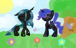 Size: 1262x797 | Tagged: safe, artist:missmagicalwolf, nightmare moon, queen chrysalis, alicorn, bird, changeling, changeling queen, nymph, pony, g4, blank flank, cloud, cute, cutealis, duo, duo female, eyes closed, female, filly, flower, moonabetes, signature, sky, smiling, sun, tree, younger