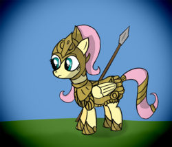 Size: 850x729 | Tagged: dead source, safe, artist:aumashy, fluttershy, g4, armor, female, skyrim, solo, spear, the elder scrolls