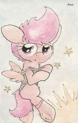 Size: 670x1057 | Tagged: safe, artist:slightlyshade, scootaloo, pegasus, pony, g4, clothes, female, filly, fluffy, solo, stars, traditional art