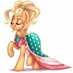 Size: 1016x1024 | Tagged: safe, artist:yukomaussi, applejack, g4, alternate hairstyle, applejewel, clothes, dress, eyes closed, female, raised hoof, simple background, solo