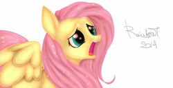 Size: 1280x656 | Tagged: safe, artist:yukomaussi, fluttershy, g4, female, sad, simple background, solo