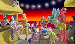 Size: 1200x706 | Tagged: safe, artist:stigma-photon, apple bloom, applejack, big macintosh, derpy hooves, fluttershy, pinkie pie, rainbow dash, rarity, scootaloo, sweetie belle, twilight sparkle, zecora, zebra, anthro, unguligrade anthro, g4, ass, beach, belly, belly button, bikini, butt, chubby, clothes, cutie mark crusaders, mane six, one-piece swimsuit, pudgy, swimsuit, twilight sparkle (alicorn)