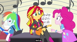 Size: 2560x1425 | Tagged: safe, screencap, pinkie pie, rainbow dash, sunset shimmer, equestria girls, g4, my little pony equestria girls: rainbow rocks, female, guitar, meme, music notes, musical instrument, piano, youtube caption