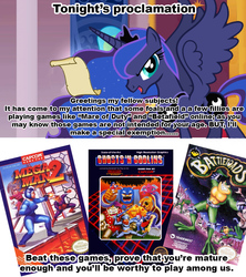 Size: 1021x1149 | Tagged: safe, princess luna, g4, battletoads, ghost and goblins, luna's proclamation, mega man (series), nintendo entertainment system, this will end in tears