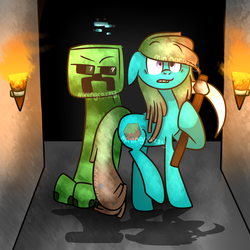 Size: 3200x3200 | Tagged: safe, artist:miningcazzy, derpibooru exclusive, oc, oc only, earth pony, pony, cave, creeper, crossover, high res, minecraft, pickaxe